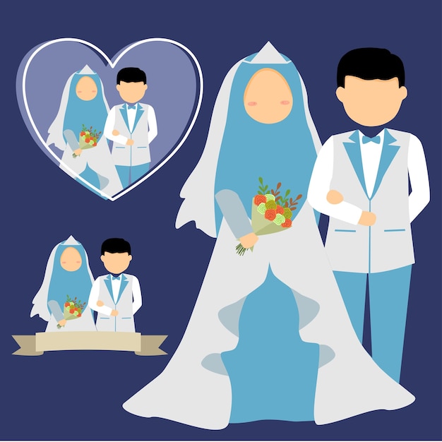 Muslim wedding couple cartoon illustration