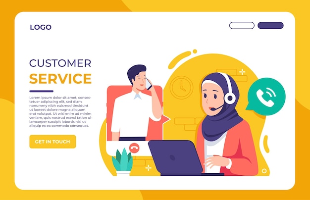 Muslim woman customer service wearing hijab telemarketing and call center illustration concept