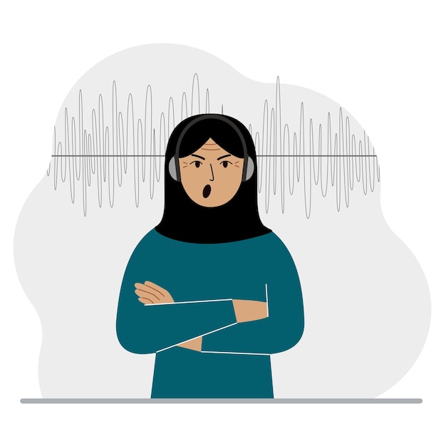 Muslim woman in headphones and a sound track Concept of online podcast radio online books online learning and music Vector flat illustration