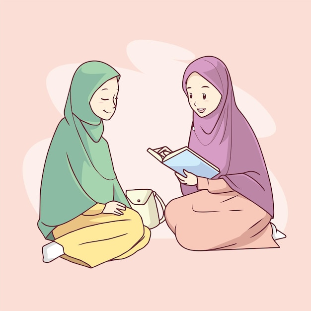 Muslim woman in hijab reading a book and her friend listening.