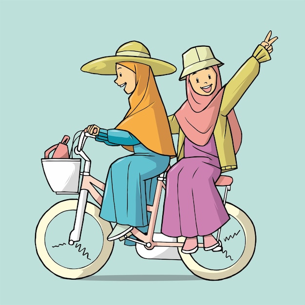 Muslim woman in hijab riding a bicycle with her best friend.