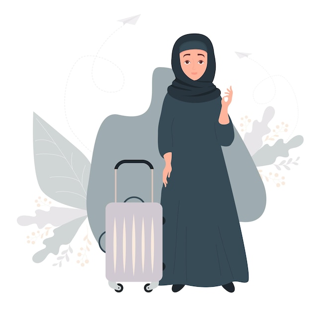 Muslim woman in hijab travels with suitcase on wheels Stands Vector Oriental character concept