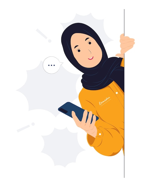 Muslim Woman holding phone and peeking behind the wall while startled shocked Surprised curiosity listening discovery and Pay attention concept illustration