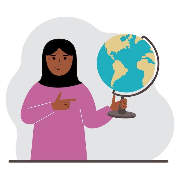 A muslim woman holds a globe in his hand and points his finger at it The concept of education teacher world conquest ecology Vector flat illustration