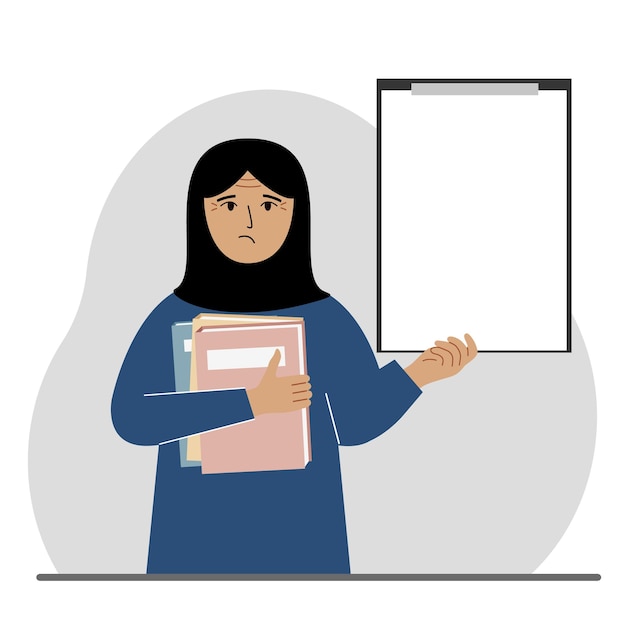 A muslim woman holds a stack of books in one hand a clipboard in the other space for text Knowledge education teaching personal improvement reading list Vector flat illustration