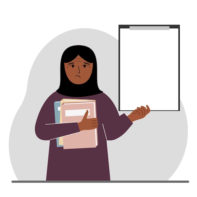 A muslim woman holds a stack of books in one hand a clipboard in the other space for text Knowledge education teaching personal improvement reading list Vector flat illustration