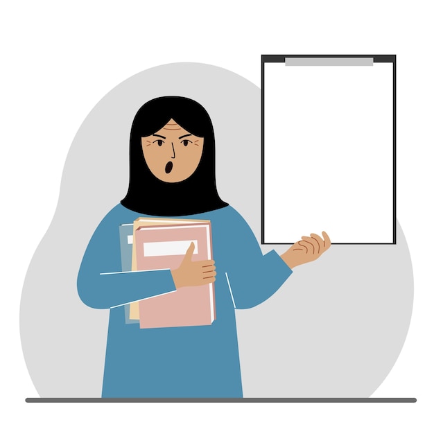 A muslim woman holds a stack of books in one hand a clipboard in the other space for text Knowledge education teaching personal improvement reading list