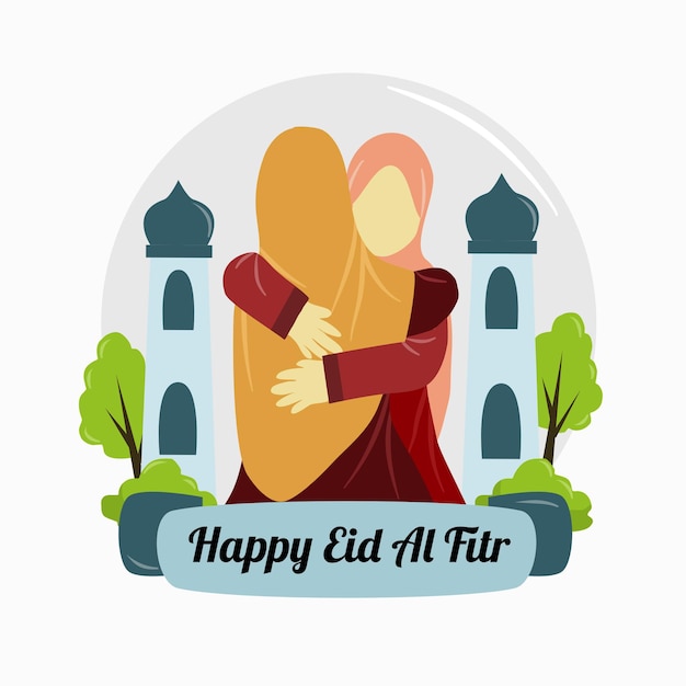 Muslim woman hugging eid al fitr celebration illustration