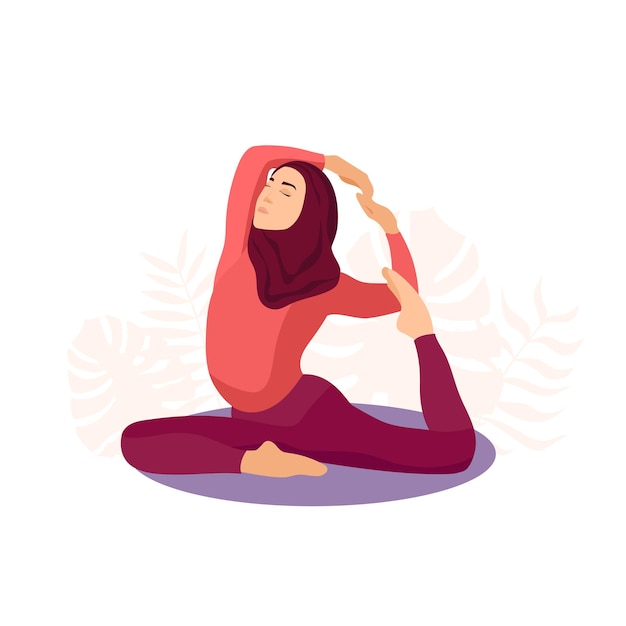 Muslim woman practicing yoga Flat vector illustration isolated on white background