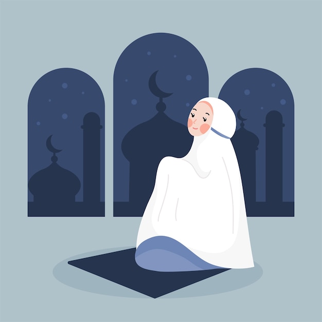 Muslim woman praying in the night on ramadan vector concept