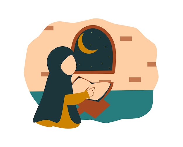 Muslim woman reading a book at night Vector illustration in flat style