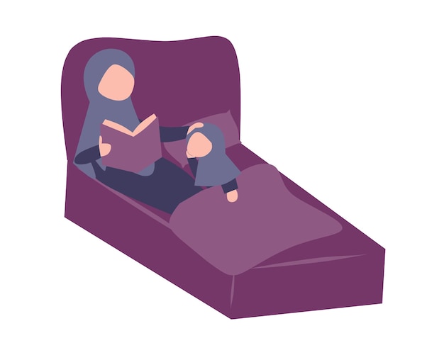 Muslim woman reading a book in a sofa Isolated flat vector illustration