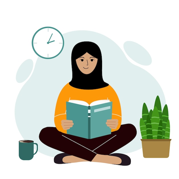 Muslim woman reads a book, legs crossed. Leisure and education concept. The concept of a book festival, fair, reading.