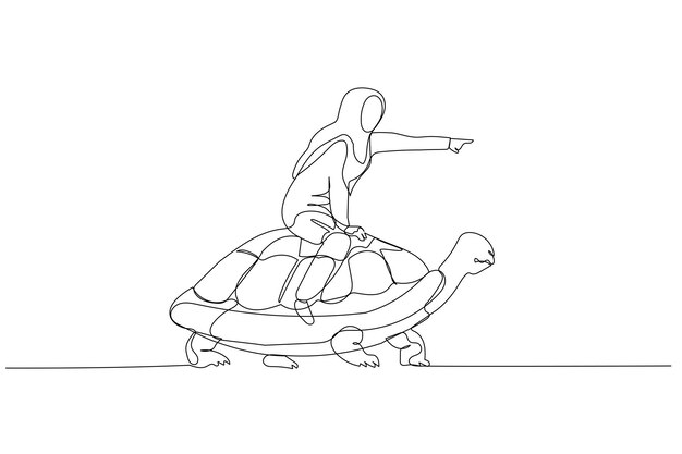 Vector muslim woman riding turtle that walk slowly concept of business development