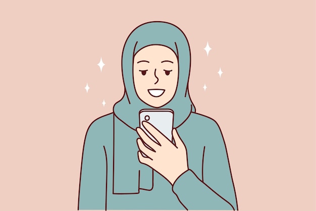 Muslim woman smiling using mobile phone for text messaging or visiting islamic sites Vector image