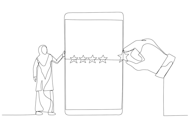 Muslim woman standing with mobile phone with giant hand rating five stars