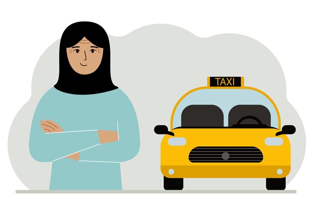 A muslim woman with his arms crossed near a yellow taxi car Vector