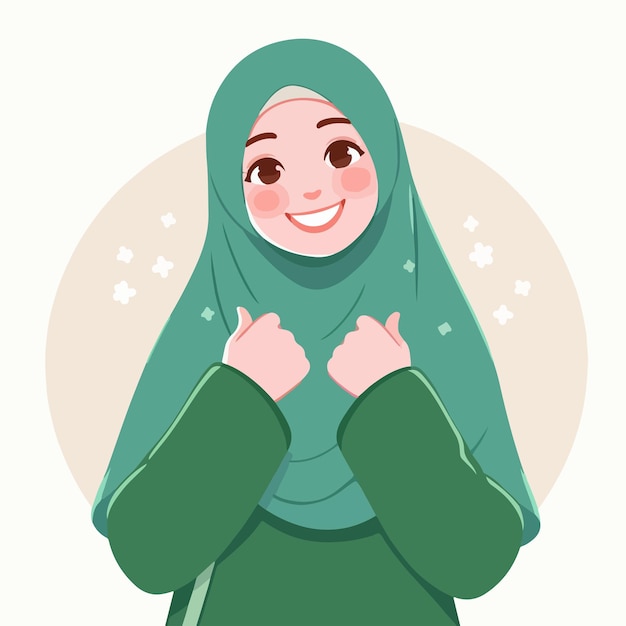 The Muslim womans character is cheerful with a simple flat design style