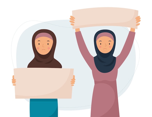 Vector muslim women in hijab protest and hold blank sign. arabic girl hold blank poster with place for text