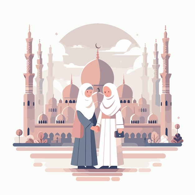 Muslim women holding hands Mosque background with flat design style