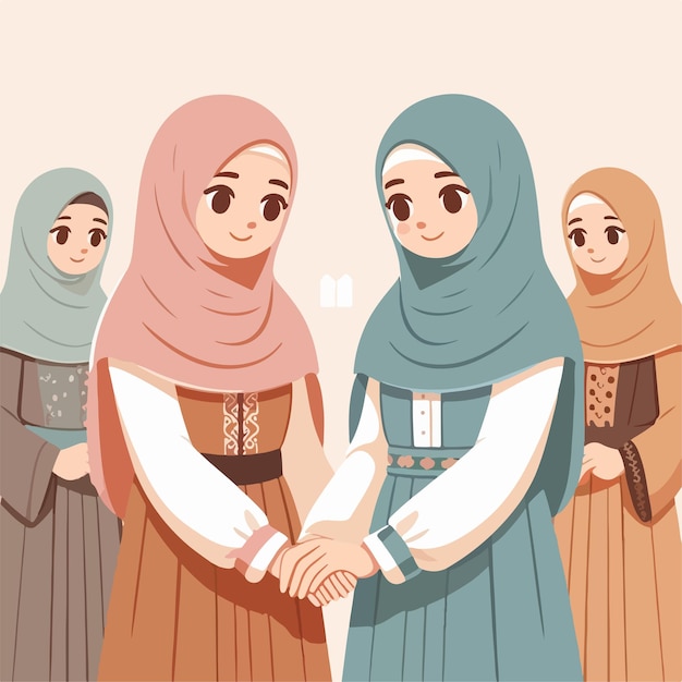 Muslim women holding hands Mosque background with flat design style