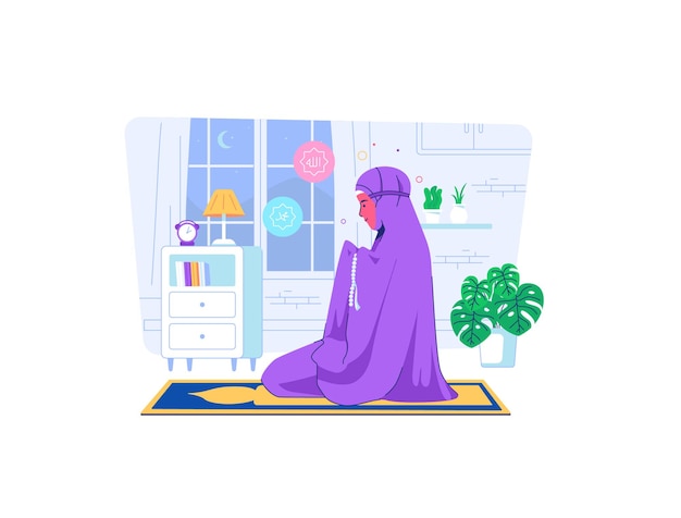 Muslimah prays at home during covid19 pandemic situation flat cartoon style