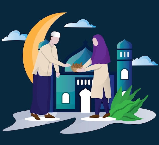 Muslims people sharing food for charity ramadan concept illustration flat cartoon style icon