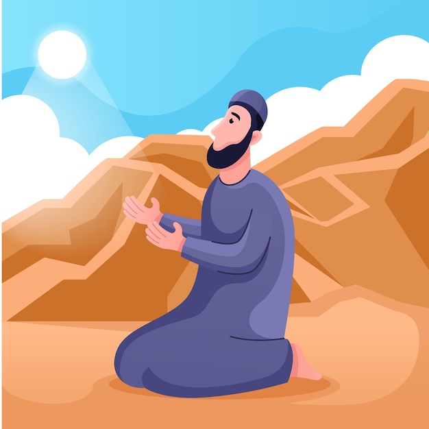 Muslims wukuf pray on Islamic hajj pilgrimage. Flat vector illustration