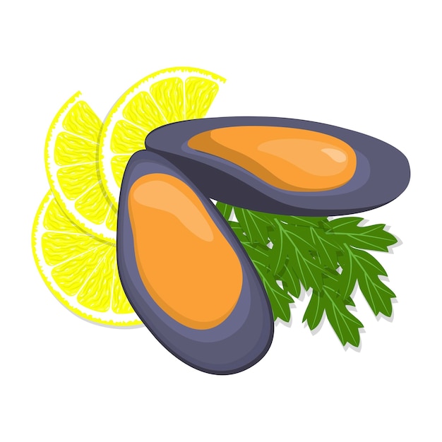 Mussels lemon slices and herbs Seafood Vector flat illustration