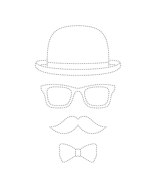 Mustache Bow Tie Hat and Glasses tracing worksheet for kids