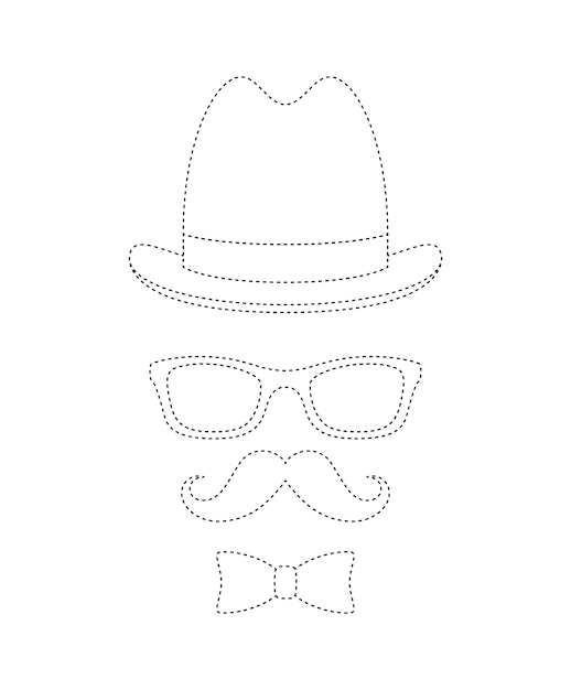 Mustache Bow Tie Hat and Glasses tracing worksheet for kids