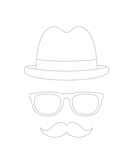 Mustache Hat and Glasses tracing worksheet for kids