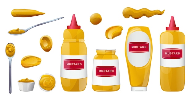 Vector mustard bottles and splashes set. dijon honey sauce cream. design in cartoon style for food branding.