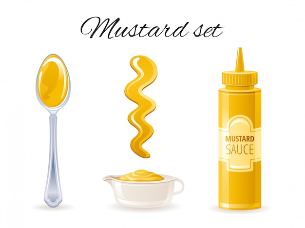 Mustard sauce icon set with hot american mustard sauce bottle, bowl, spoon, splash. 