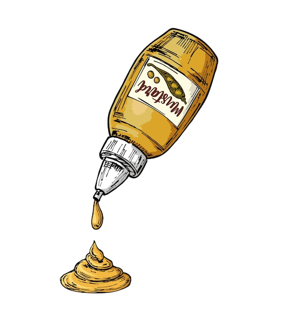 Mustard sauce sketch sauce bottle hot mustard spice Illustration for kitchen cafe bistro fast food