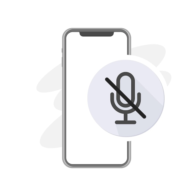 Mute sign on smartphone turn off mic no sound on phone brocken mic recorder radio microphone with cancellation stroke icon in grey color voice symbol vector illustration