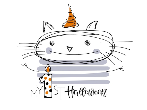 My 1st Halloween lettering sign on white background. Linear cat with festive cap, Celebration quote