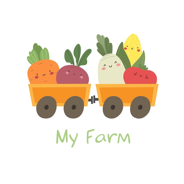 My farm Cute vector illustration with carts and vegetables Children's print