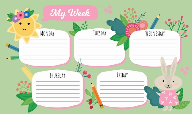 My week Schedule lessons Cute illustrations of the sun bunny flowers in a handdrawn style