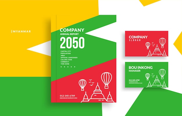 Myanmar annual report book cover and minimal business card design