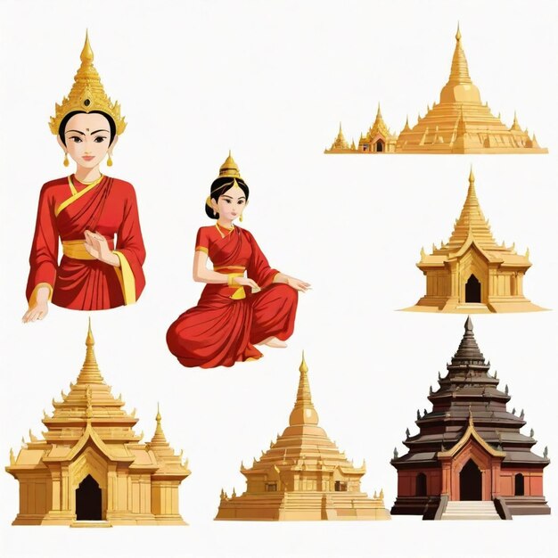 Myanmar cartoon vector set White background isolated