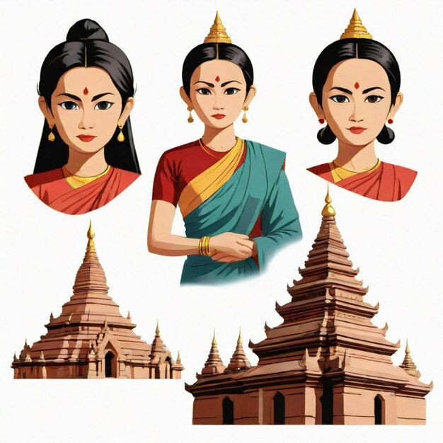 Vector myanmar cartoon vector set white background isolated