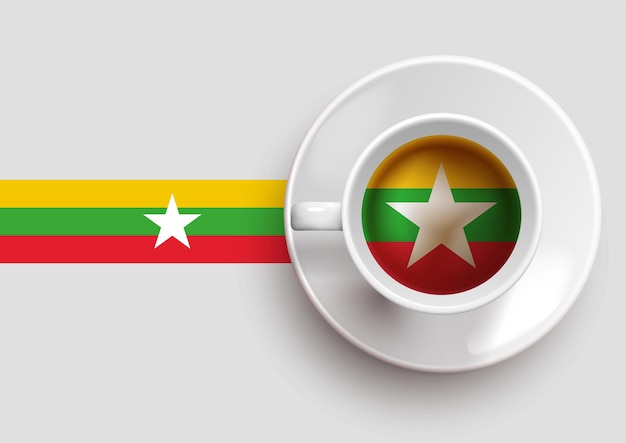 Myanmar flag with a tasty coffee cup on top view