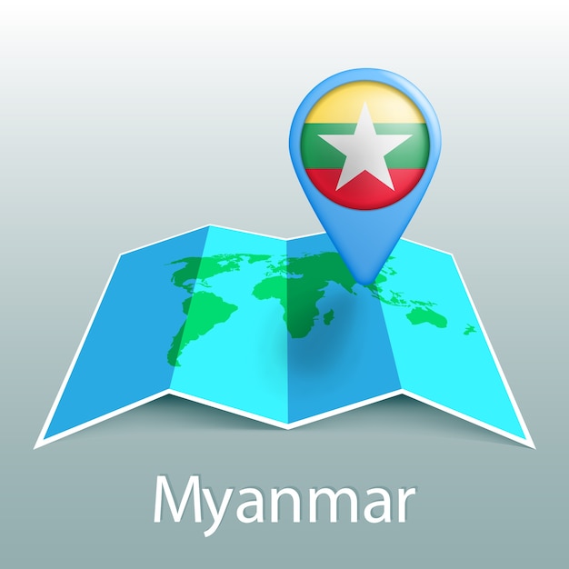 Myanmar flag world map in pin with name of country on gray background