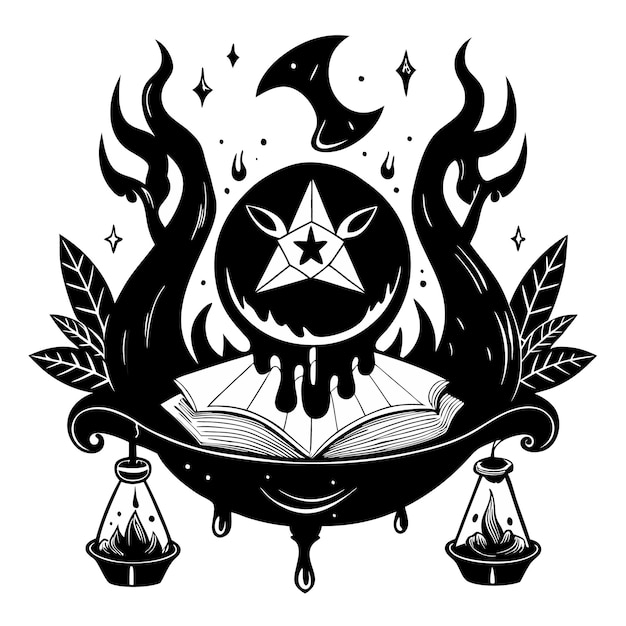 Mysterious Black and White Occult Illustration of a Spellbook with Celestial Elements and Lanterns