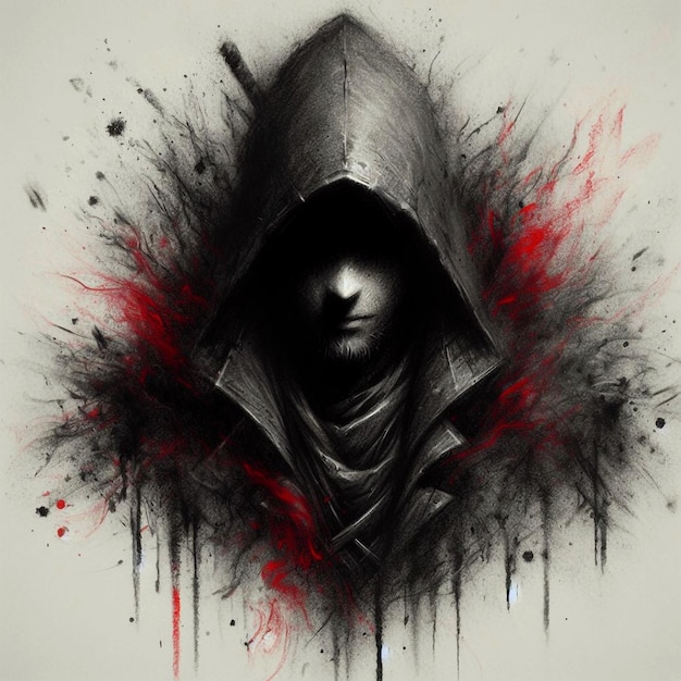 Vector mysterious figure in a hooded cloak with red and black splatter