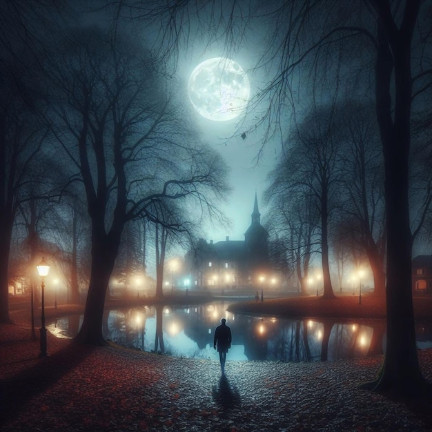 Vector mysterious man walking in a foggy park at night