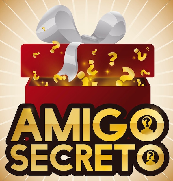 Mystery gift box opened with a surprise content for the game of Secret Friend written in Spanish