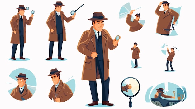 Vector mystery inspector detective character inspection concept