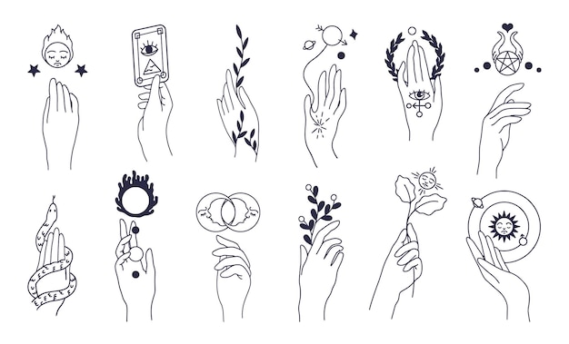 Mystic doodle hand Magic feminine doodle symbols abstract line woman hands Vector set